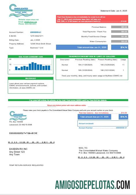 Para baixar modelo de fatura de serviços públicos de água mútua consolidada dos EUA em formatos Word e PDF